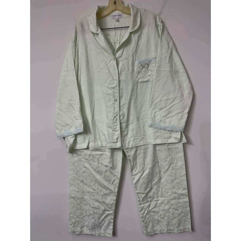 Miss Elaine XL Mint Green Damask Jacquard Pajama Set Lace Trim Floral Embroidery